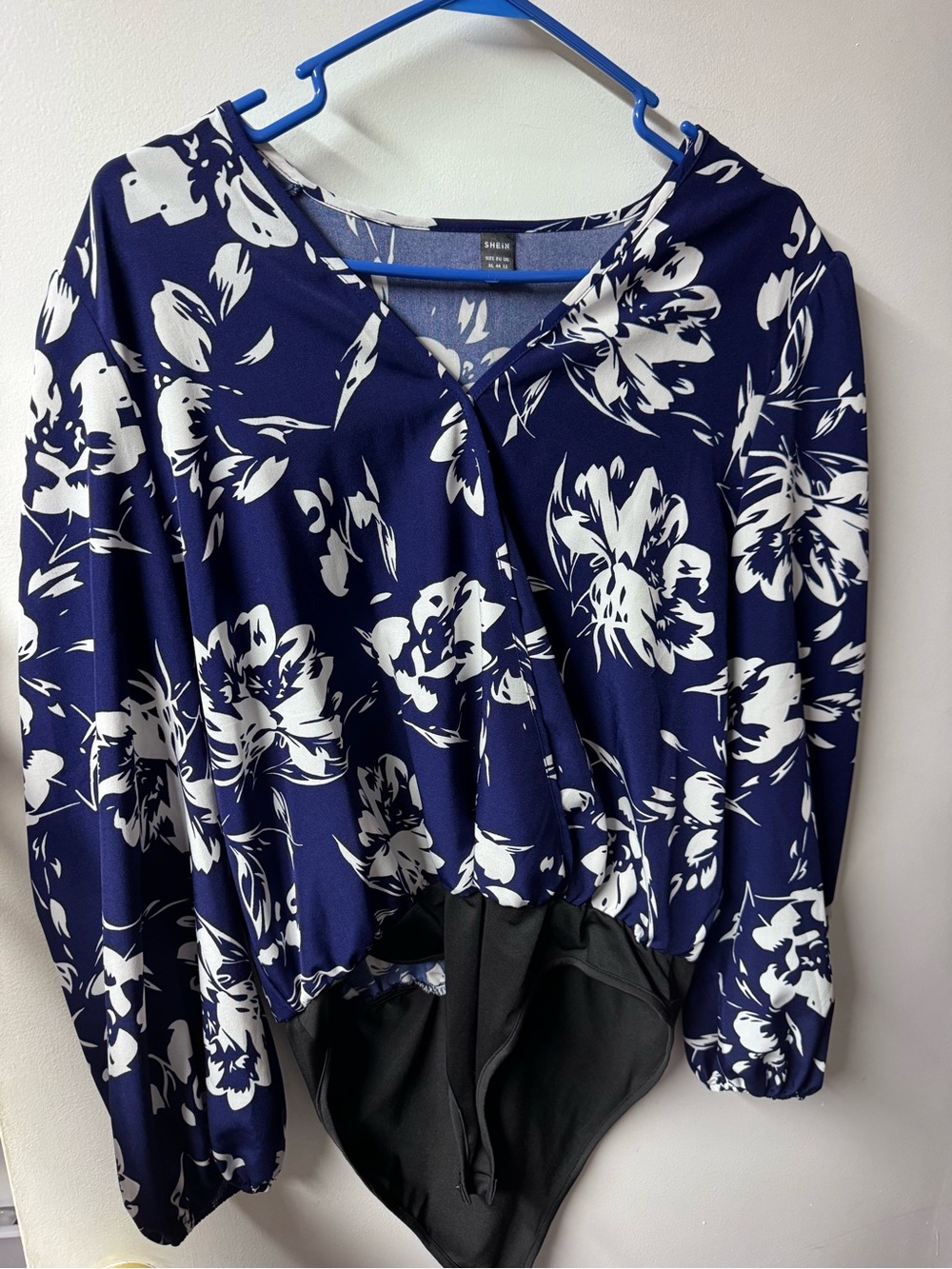 SHEIN Navy and White Floral Wrap Bodysuit